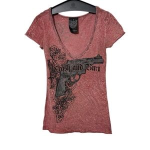 Crash & Burn Small Mauve Black Grunge Rocker Biker Punk Shirt Rhinestone Y2K